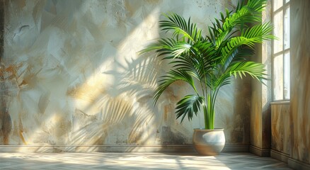 A vibrant palm tree sits by the window, its lush leaves casting a calming shadow on the walls of the room, reminding us of the peacefulness of the great outdoors
