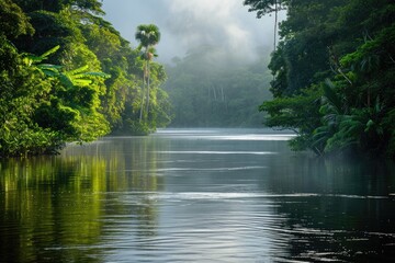 A body of water surrounded by lush green trees creates a picturesque scene in the heart of nature, Landscape of a river in the midst of the deep rainforest, AI Generated