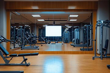 Fototapeta na wymiar A well-equipped fitness center featuring a variety of exercise machines and equipment, Large mirror reflecting a gym interior, AI Generated