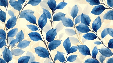  a close up of a blue and white wallpaper with a pattern of leafy branches on a cream background with a light blue center part of the wall in the background.