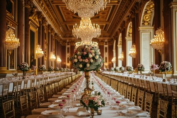 Opulent Banquet Hall With Elaborate Tables and Elegant Chandeliers, Lavish Royal wedding at Buckingham Palace, AI Generated - obrazy, fototapety, plakaty