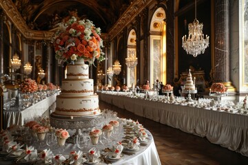 Fototapeta premium A table covered with a large cake, serving as the centerpiece, Lavish Royal wedding at Buckingham Palace, AI Generated