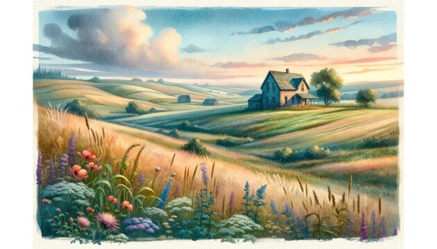 Watercolor illustration of a vintage countryside landscape. A rustic farmhouse sits amidst rolling hills and fields dotted with wildflowers. The sky is painted with soft hues of sunset. AI Generated
