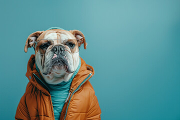 Bulldog wearing clothes and sunglasses on Blue background