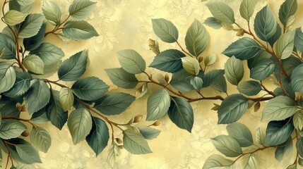  a painting of a tree branch with green leaves on a yellow wallpapered background with a pattern of green leaves on a cream colored wallpapered wallpaper.