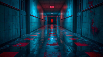 Deserted Urban Corridor with Red Walls in an Old Abandoned Factory Building, Featuring Long Dark Hallways and Empty Rooms in a Unique Architectural Design