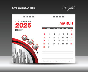 Desk Calendar 2025 template with circle frame can be use photo, March 2025 template. Wall Calendar design, planner, Corporate Calendar 2025 creative design mockup, printing, advertisement, vector