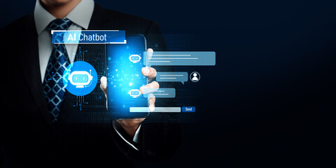 Human interact with AI artificial intelligence virtual assistant chatbot in concept of AI...