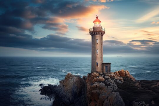 Majestic Lighthouse Perched on Rocky Cliff Overlooking the Ocean, Lighthouse symbolizing guidance and assurance, commandeered by blockchain, AI Generated