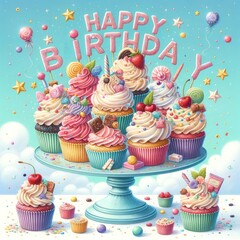 An illustration-style of whimsical cupcakes on a stand, adorned with rainbow-colored frosting and glittering letters that say "Happy Birthday". AI Generative