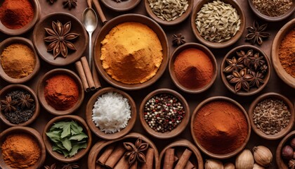 Spices and Herbs in Terracotta Pots: Aromatic Cooking Ingredients - obrazy, fototapety, plakaty