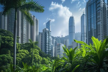 Tall buildings dominate the skyline as they emerge from a vibrant, verdant forest, Lush city skyline full of energy-efficient skyscrapers, AI Generated