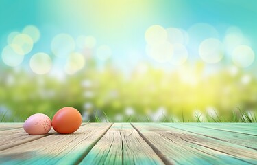 Wood floor with egg on easter background, in the style of vibrant colors in nature, accurate and detailed, light sky-blue and green, light yellow, texture-rich surfaces. - Powered by Adobe