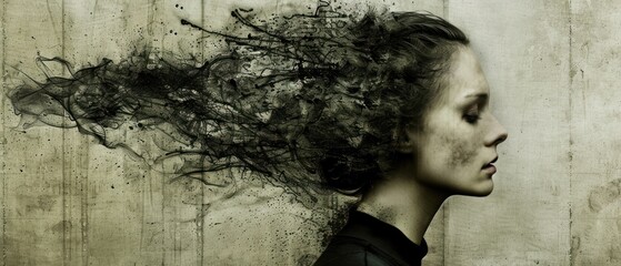 a black and white photo of a woman's head with her hair blowing in the wind in front of a grungy wall.