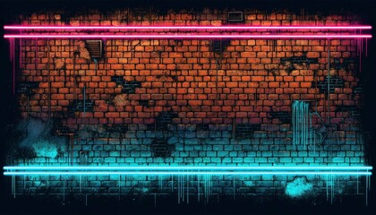 An illustration of an urban setting with neon light strips on an exposed brick wall, emphasizing its rough texture and adding a touch of mystery. AI Generative - obrazy, fototapety, plakaty