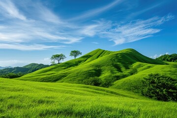 Fototapeta na wymiar A vibrant, green hillside covered in grass stretches out beneath a clear blue sky, Lush green hills under a clear blue sky, AI Generated