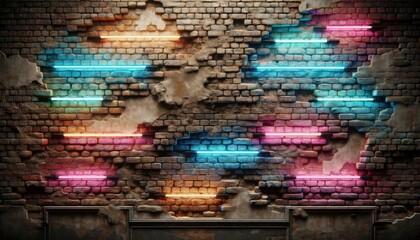 A style representation of a weathered brick wall with embedded neon lights, casting a vibrant glow. AI Generative