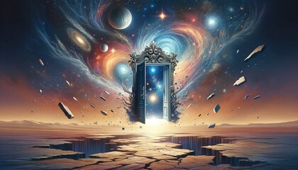 An illustration of a floating ornate door in a surreal landscape, acting as a portal to another dimension. AI Generative - obrazy, fototapety, plakaty