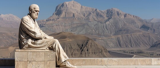 a statue of a man sitting on top of a stone bench in front of a mountainous area with a mountain range in the background. - obrazy, fototapety, plakaty