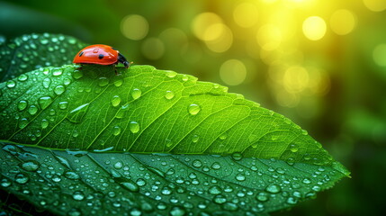 Glistening droplets of water adorn a vivid green leaf as a red ladybug ventures across its lush surface