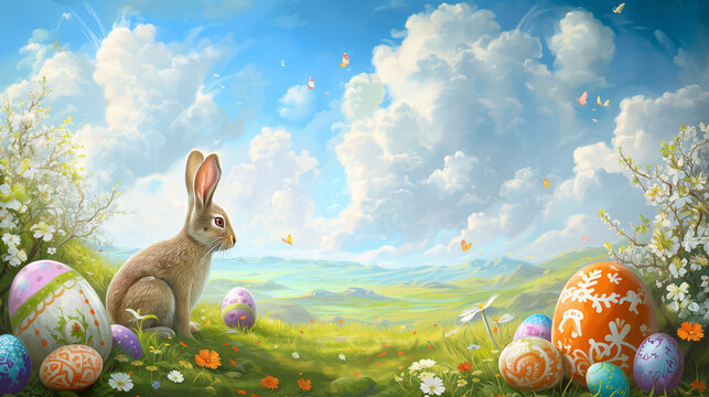 easter eggs and brown rabbit in grass under cloudy sky illustration with copy space. Easter 2024
