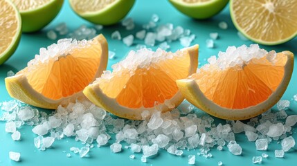  a group of sliced oranges sitting on top of a pile of ice next to limes and lime wedges on a blue surface with small pieces of ice.