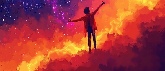 a painting of a man standing on a hill with his arms in the air in front of a colorful sky filled with stars.