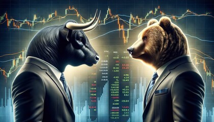 A bull and a bear in business suits, standing face to face with stock market graphs in the background. AI Generative - obrazy, fototapety, plakaty