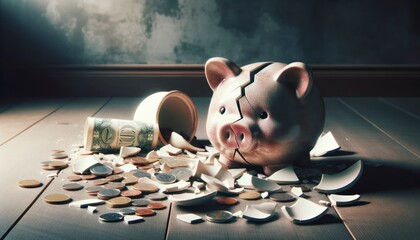 A shattered ceramic piggy bank on a wooden floor with coins and crumpled banknotes around it. AI Generative - obrazy, fototapety, plakaty