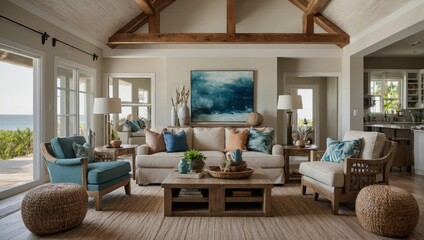 beautiful small space casual living family room soft neutral wood beams and a gorgeous grouping of swivel color fabric chairs around a striking coffee table coastal design nature freshness home