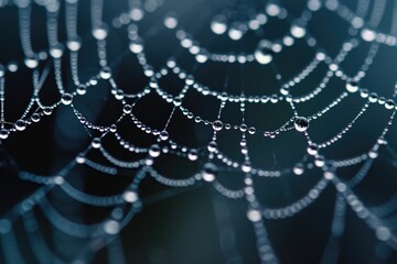 A detailed view of a spider web glistening with droplets of water, Macro shot of water droplets on a spider web, AI Generated