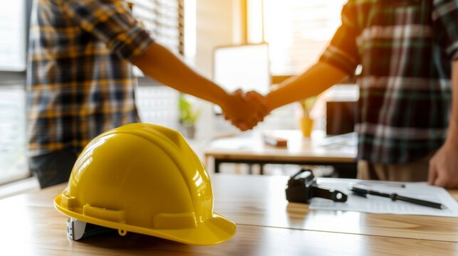 Two construction workers shaking hands over a yellow safety helmet on a table, signifying a contractor partnership agreement deal