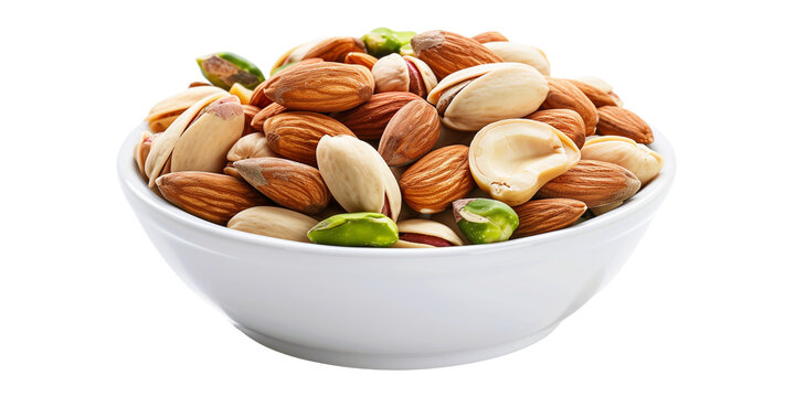 bowl of mixed nuts almonds cashew pistachio, isolated on transparent background - Powered by Adobe