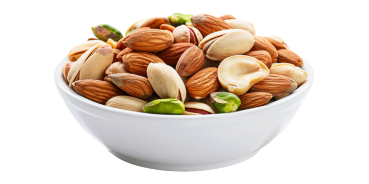 bowl of mixed nuts almonds cashew pistachio, isolated on transparent  background