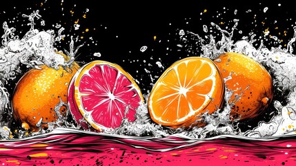  a group of oranges and grapefruits splashing into a body of water with a splash of water on the top and bottom of the image of the image.