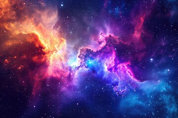 An image showcasing a vibrant and lively space adorned with countless stars and fluffy clouds, Magical space scenery with a bright multicolored nebula, AI Generated