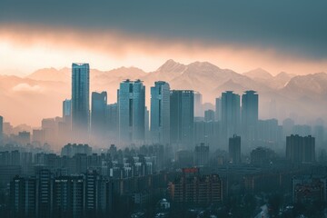 Astonishing Cityscape With Majestic Mountains in the Background, Majestic skyscrapers with a backdrop of mountains, AI Generated