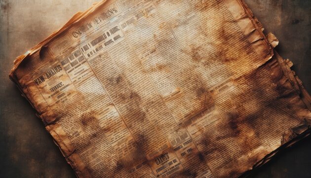 A photo portraying an old, grungy newspaper with faded pages, worn edges, and a texture that evokes a sense of history. AI Generated