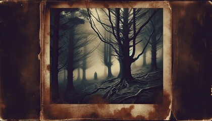 A photo styled like an old grunge vintage polaroid capturing a dark, eerie forest scene with a mysterious silhouette. AI Generated - obrazy, fototapety, plakaty