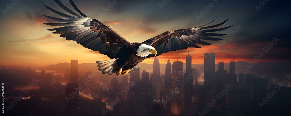Poster urban landscape with digitally created eagle soaring through the sky above. concept urban landscape, - Posters