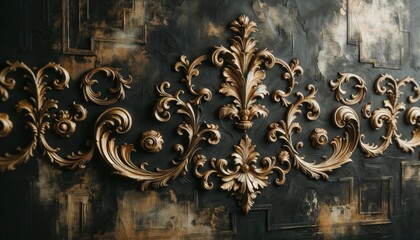 A photo of a distressed black-painted wall adorned with shining golden rococo ornaments. AI Generated - obrazy, fototapety, plakaty