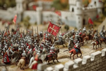 A close-up photo capturing the intricate details of a group of toy soldiers arranged in a dynamic battle formation, Medieval battle waged on the nanoscale, AI Generated - Powered by Adobe