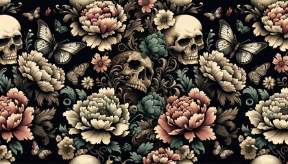 An illustration with a vintage-inspired pattern featuring elegant peonies, butterflies, and hidden skull designs. AI Generated