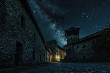 Cercles muraux Ruelle étroite A narrow and dimly lit alleyway stretches towards a building, framed by a mesmerizing night sky filled with twinkling stars, Medieval buildings at night under a starry sky, AI Generated