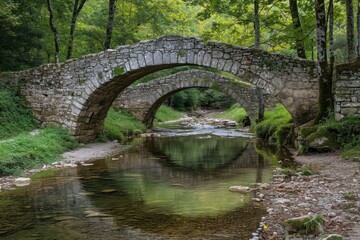 Fototapeta na wymiar A stone bridge provides passage over a serene small stream flowing through a forest, Medieval stone bridges crossing a quiet creek, AI Generated