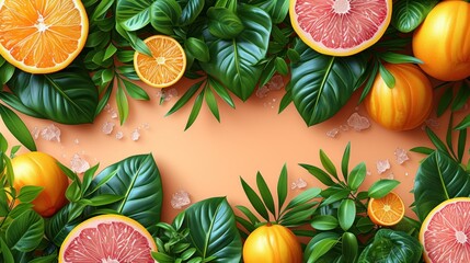  a group of grapefruits, oranges, and green leaves on a pink background with a place for a text on the right side of the image.