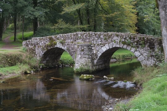 A stone bridge spanning a stream, providing a pathway for people to cross in the picturesque park, Medieval stone bridges crossing a quiet creek, AI Generated