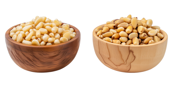  sets of pine nuts in a wooden bowl, isolated on transparent background
