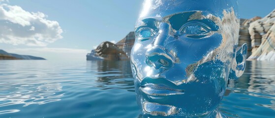 a close up of a statue in a body of water with mountains in the back ground and clouds in the sky.