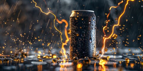 Black Energy Drink Can with Electric Yellow Golden Energy Lightning in the Background - obrazy, fototapety, plakaty
